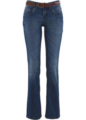 Расклешенные джинсы-стретч с ремнем, высокий рост (L) (синий «потертый») bonprix. Цвет: синий «потертый»