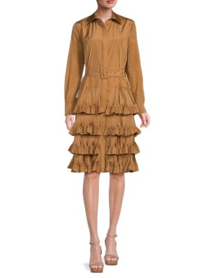 Многослойное платье-рубашка с рюшами , цвет Camel Brandon Maxwell