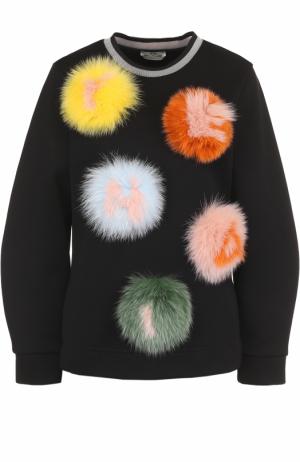 Хлопковый пуловер с отделкой из меха лисы Fendi. Цвет: черный