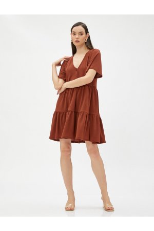 Многослойное короткое платье с V-образным вырезом и короткими рукавами , коричневый Koton
