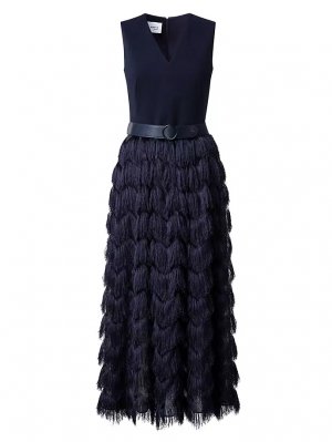 Платье миди с бахромой и поясом, смешанная техника, темно-синий Akris Punto