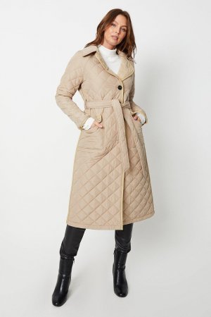 Длинное стеганое пальто с поясом и контрастной отделкой из полиуретана , хаки Wallis