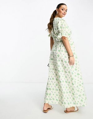 Хлопковое свободное платье миди кремового цвета с зеленым цветочным принтом ASOS DESIGN Maternity
