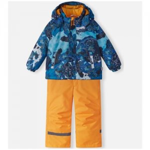 Комплект с брюками , демисезон/зима, подтяжки, подкладка, светоотражающие элементы, регулируемый край, ветрозащита, манжеты, карманы, защита от попадания снега, съемный капюшон, размер 122, зеленый, синий Lassie. Цвет: оранжевый/синий