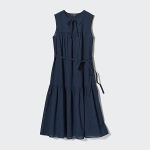 Легкое хлопковое платье (без рукавов, в клетку, короткое, длина 104-115см) UNIQLO, темно-синий Uniqlo