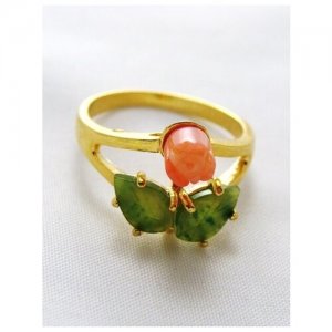 Кольцо помолвочное , нефрит, коралл, размер 17, зеленый, розовый Lotus Jewelry. Цвет: зеленый/розовый
