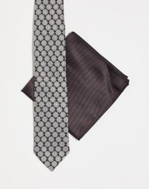 Коричнево-кремовый тонкий галстук и нагрудный платок в стиле 70-х DESIGN Asos