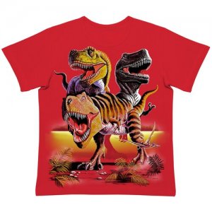 Футболка детская 149m-04 Динозавры, размер 104, красный, светится в темноте и ультрафиолете Dodogood. Цвет: красный