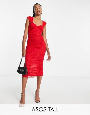 Красное платье миди с корсетом и жемчужной сеткой ASOS DESIGN Tall