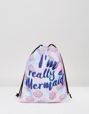 Рюкзак с затягивающимся шнурком и принтом Im Really A Mermaid 7X. Цвет: белый