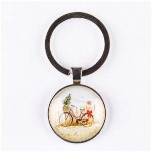 Брелок серебристый с большим кольцом для ключей и круглым рисунком Велосипед рождественской елью DARIFLY. Цвет: белый/красный/бежевый/серебристый