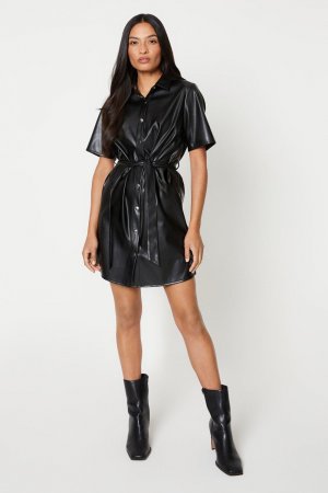 Платье-рубашка с коротким рукавом из искусственной кожи, черный Dorothy Perkins