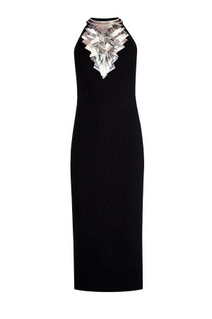 Вечернее платье с многоярусным зеркальным декором черного цвета BALMAIN. Цвет: черный