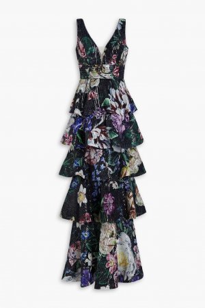 Многоярусное шифоновое платье с цветочным принтом и декором. MARCHESA NOTTE, черный Notte