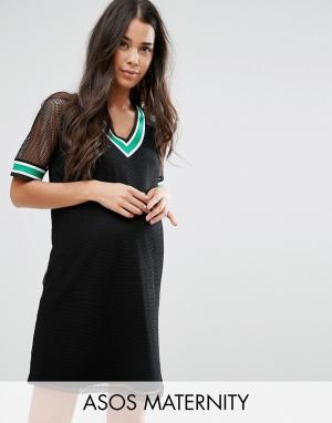 Платье-футболка в спортивном стиле из контрастной сеточки Airtex ASOS Maternity. Цвет: черный