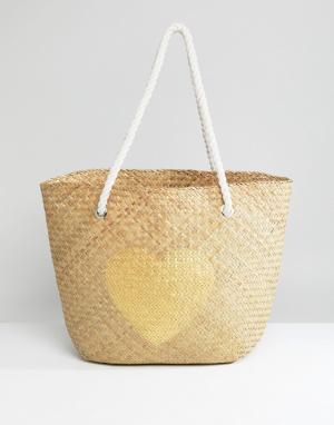 Пляжная соломенная сумка с золотистым сердцем South Beach. Цвет: мульти