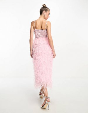 Эксклюзивное розовое платье миди из искусственных перьев Starlet