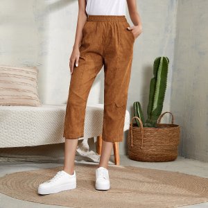 Вельветовые брюки-капри с эластичной талией и карманом SHEIN. Цвет: коричневые