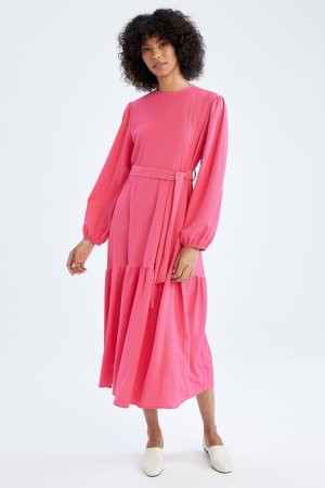 Базовое платье макси с длинным рукавом-фонариком и круглым вырезом А-силуэта , розовый DeFacto