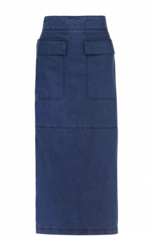 Джинсовая юбка-макси с оборками и накладными карманами Marni. Цвет: голубой