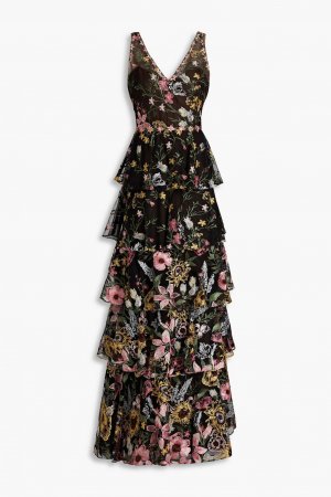 Многоярусное платье из тюля с вышивкой MARCHESA NOTTE, черный Notte