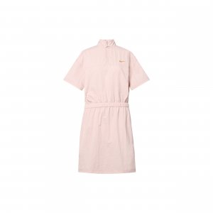 Solid Color Cinched Waist Stand Collar Short Sleeve Dress Women Pink DM6198-601 Nike