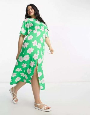 Чайное платье миди с развевающимися рукавами зеленого цвета цветочным принтом Influence