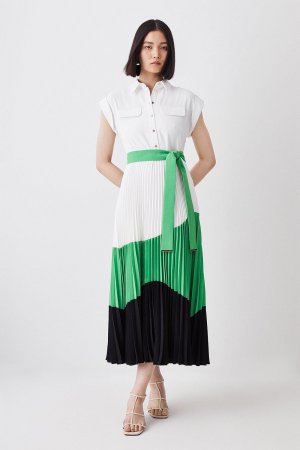 Плиссированное платье-рубашка миди с цветными блоками , зеленый Karen Millen
