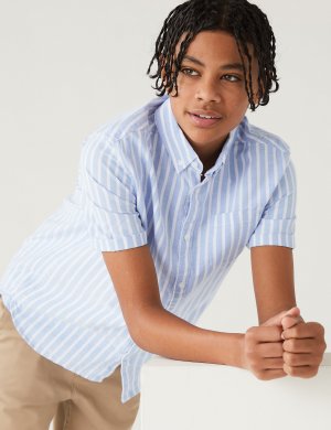 Рубашка в полоску из чистого хлопка (6–16 лет) , синий микс Marks & Spencer