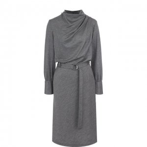 Шерстяное платье с поясом и воротником-стойкой Giorgio Armani. Цвет: серый