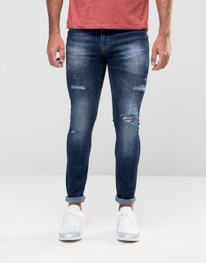 Рваные выбеленные джинсы с напылением Hoxton Denim. Цвет: синий