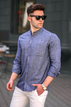 Мужская темно-синяя льняная однотонная рубашка с длинным рукавом 5548 MADMEXT