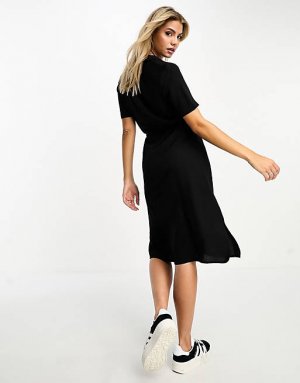 Черное платье-рубашка миди с завязками на талии Pieces