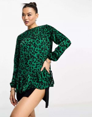 Блузка с коротким краем зеленого цвета леопардовым принтом AX Paris