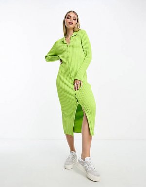 Зеленое платье-поло в рубчик Monki