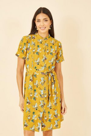Горчичное платье-рубашка с принтом журавля , желтый Yumi