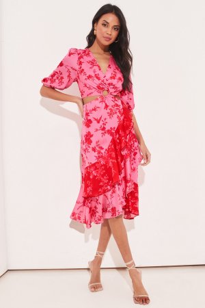 Платье миди с рюшами пышными рукавами и декоративным вырезом , розовый Lipsy