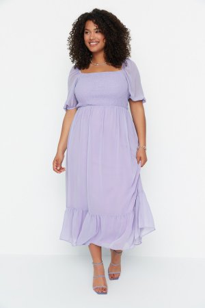 Платье больших размеров — фиолетовое с рюшами по краю , фиолетовый Trendyol
