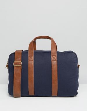 Темно-синий парусиновый портфель с коричневыми лямками ASOS. Цвет: темно-синий