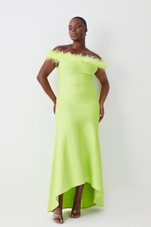 Большие размеры Платье мидакси с перьями и открытой спиной , зеленый Karen Millen