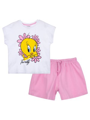 Комплект трикотажный фуфайка футболка шорты пижама пояс PLAYTODAY. Цвет: белый,розовый