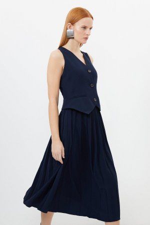 Платье-миди с жилетом и плиссированной юбкой из крепа на заказ , темно-синий Karen Millen
