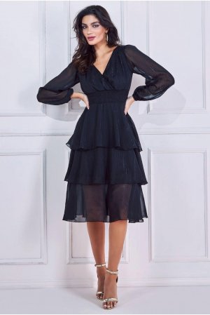 Многоярусное платье миди с длинными рукавами, черный Goddiva