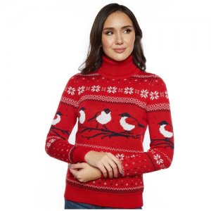 Шерстяной свитер, классический скандинавский орнамент со Снегирями и снежинками, натуральная шерсть, красный, белый цвет, размер Xl Anymalls. Цвет: красный