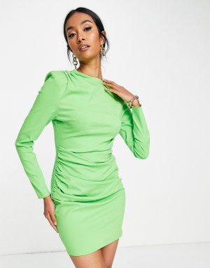 Зеленое структурированное мини-платье с длинными рукавами и складками ASOS DESIGN