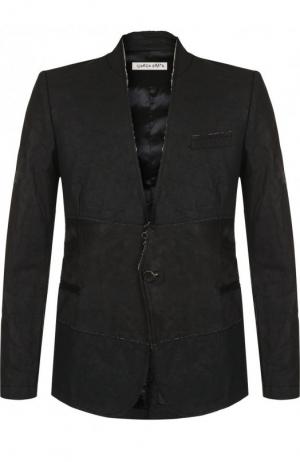 Однобортный пиджак из смеси хлопка и льна с кожаной отделкой Giorgio Brato. Цвет: черный