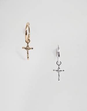 Набор из серебристой и золотистой сережек-колец с подвесками-крестами -Мульти Chained & Able