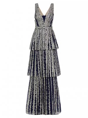 Многоярусное платье с металлизированной филигранью , синий Marchesa Notte