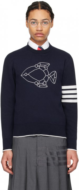 Темно-синий свитер с изображением рыб Thom Browne