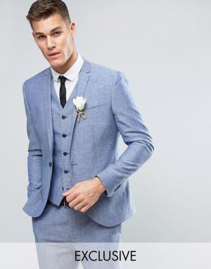 Узкий свадебный пиджак из ткани с добавлением льна в крапинку Noak. Цвет: синий